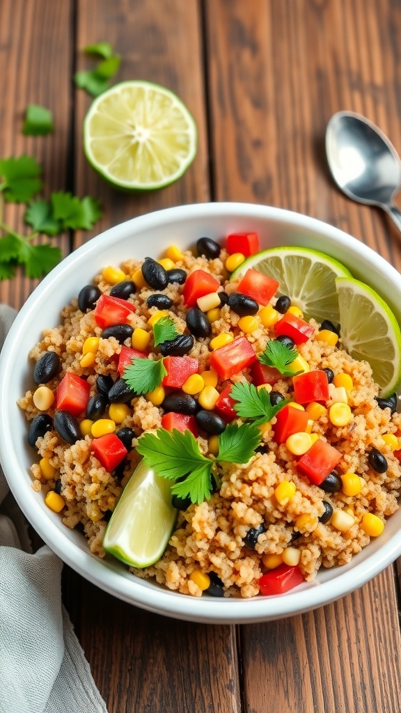 A bowl of Mexican quinoa with black beans, corn, and tomatoes, garnished with cilantro and lime, on a rustic table.